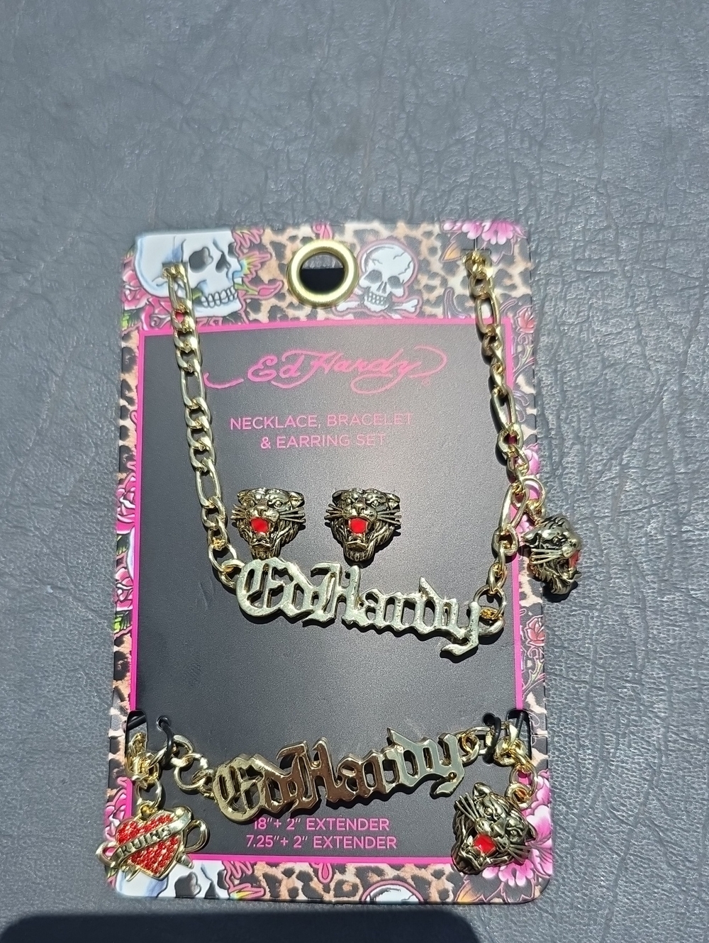 Ed Hardy Gold-Tone Logo Necklace, Bracelet & Earring Set - Red Accents